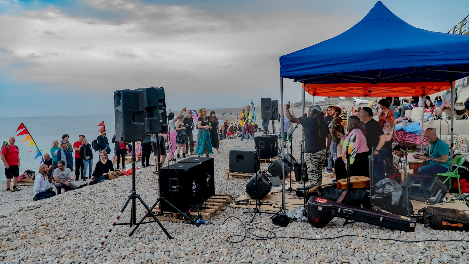 Opera Circus/TCFT band playing for the wonderful audience on Chesil Beach, Portland.